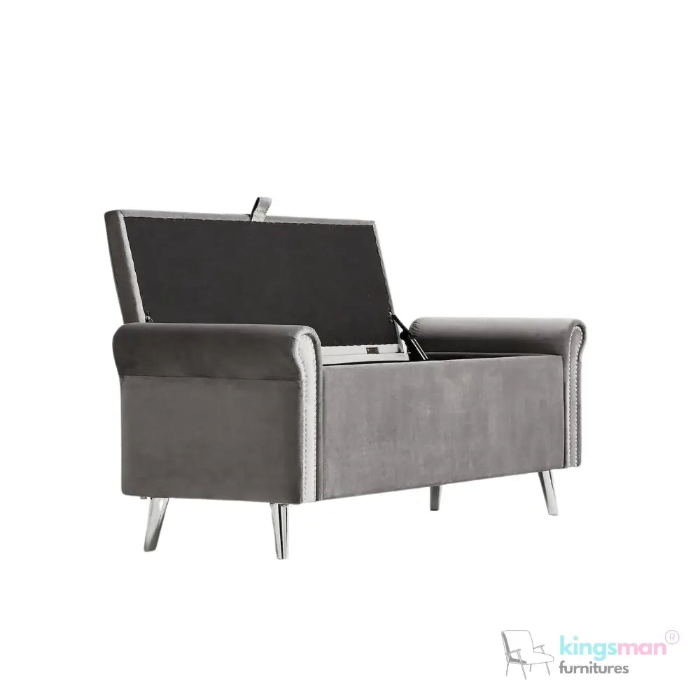 Dev Storage Ottoman - Upholstered Ottoman with Scrolled Arms, Mirrored Feet, and Deep Storage | Bedroom or Living Room Furniture Kingsman Furnitures
