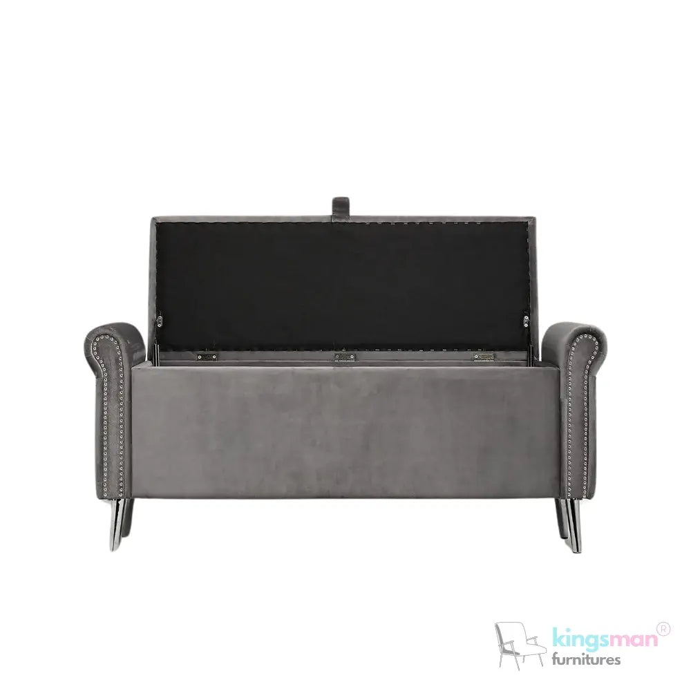 Dev Storage Ottoman - Upholstered Ottoman with Scrolled Arms, Mirrored Feet, and Deep Storage | Bedroom or Living Room Furniture Kingsman Furnitures