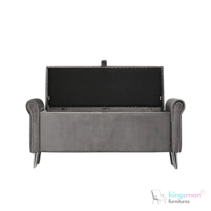 Dev Storage Ottoman - Upholstered Ottoman with Scrolled Arms, Mirrored Feet, and Deep Storage | Bedroom or Living Room Furniture Kingsman Furnitures
