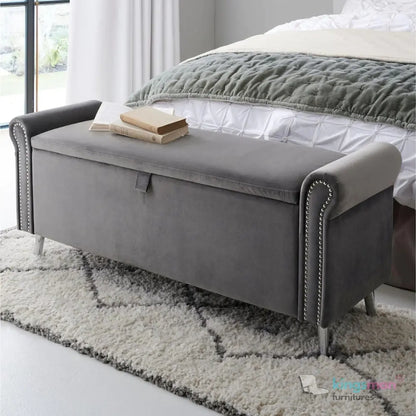 Dev Storage Ottoman - Upholstered Ottoman with Scrolled Arms, Mirrored Feet, and Deep Storage | Bedroom or Living Room Furniture Kingsman Furnitures