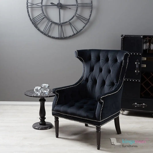 Drako Black Velvet Wingback Armchair – Modern Luxury with Deep Button Tufting and Teak Wood Legs Kingsman Furnitures