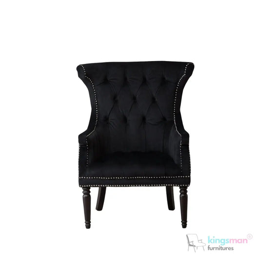 Drako Black Velvet Wingback Armchair – Modern Luxury with Deep Button Tufting and Teak Wood Legs Kingsman Furnitures
