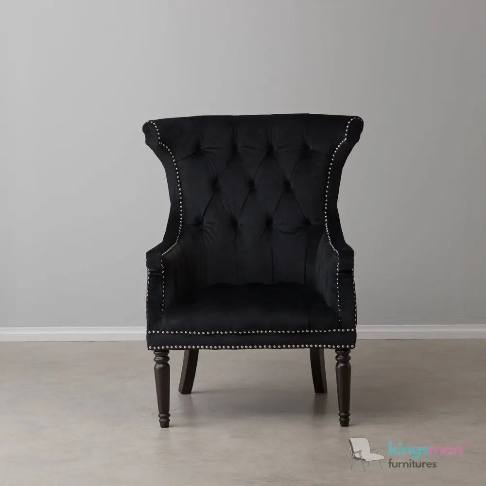 Drako Black Velvet Wingback Armchair – Modern Luxury with Deep Button Tufting and Teak Wood Legs Kingsman Furnitures