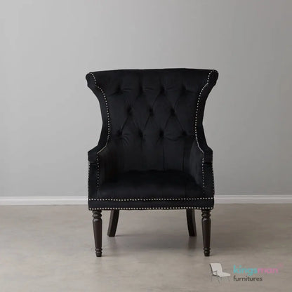 Drako Black Velvet Wingback Armchair – Modern Luxury with Deep Button Tufting and Teak Wood Legs Kingsman Furnitures