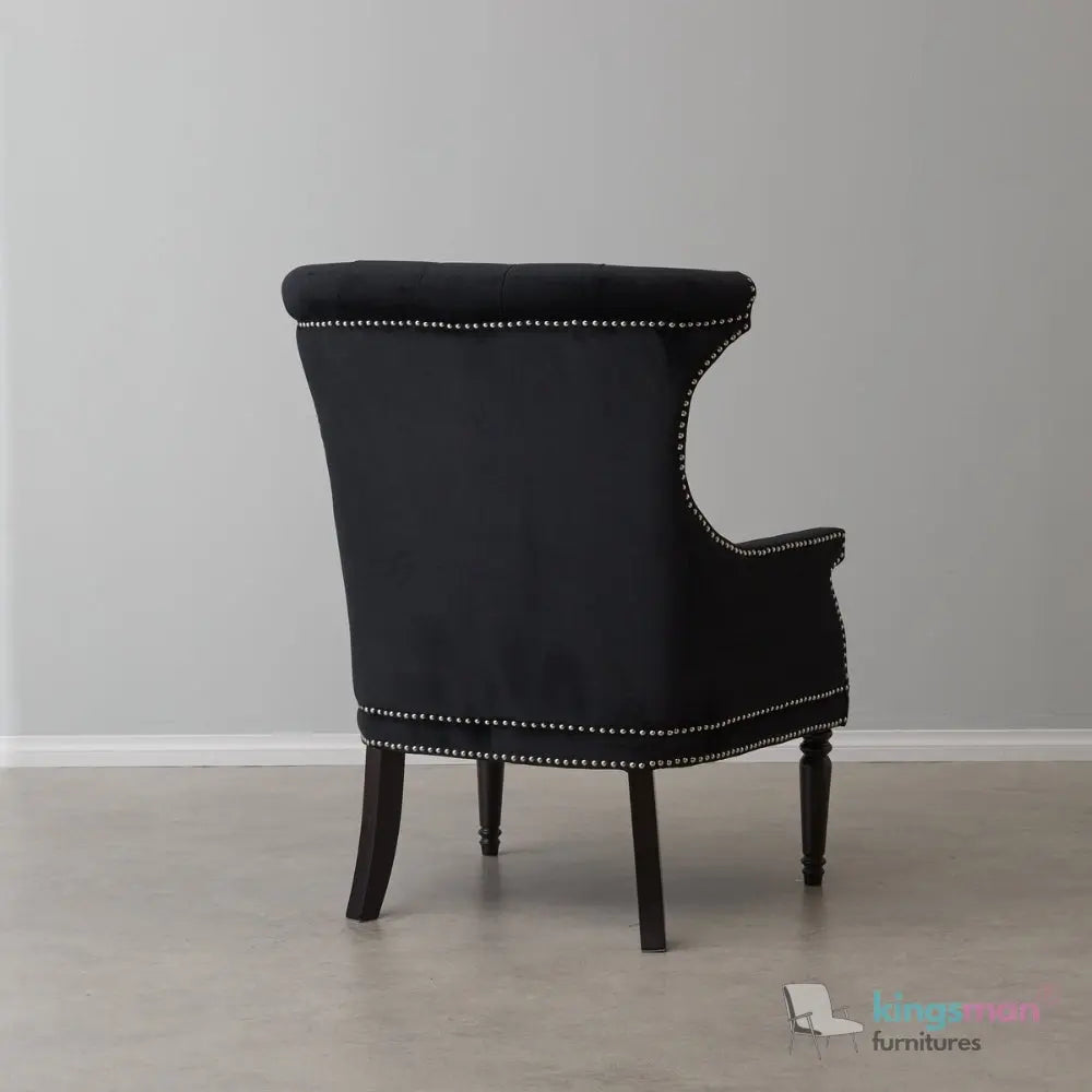 Drako Black Velvet Wingback Armchair – Modern Luxury with Deep Button Tufting and Teak Wood Legs Kingsman Furnitures