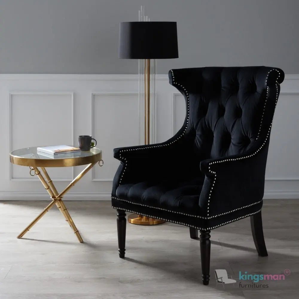 Drako Black Velvet Wingback Armchair – Modern Luxury with Deep Button Tufting and Teak Wood Legs Kingsman Furnitures