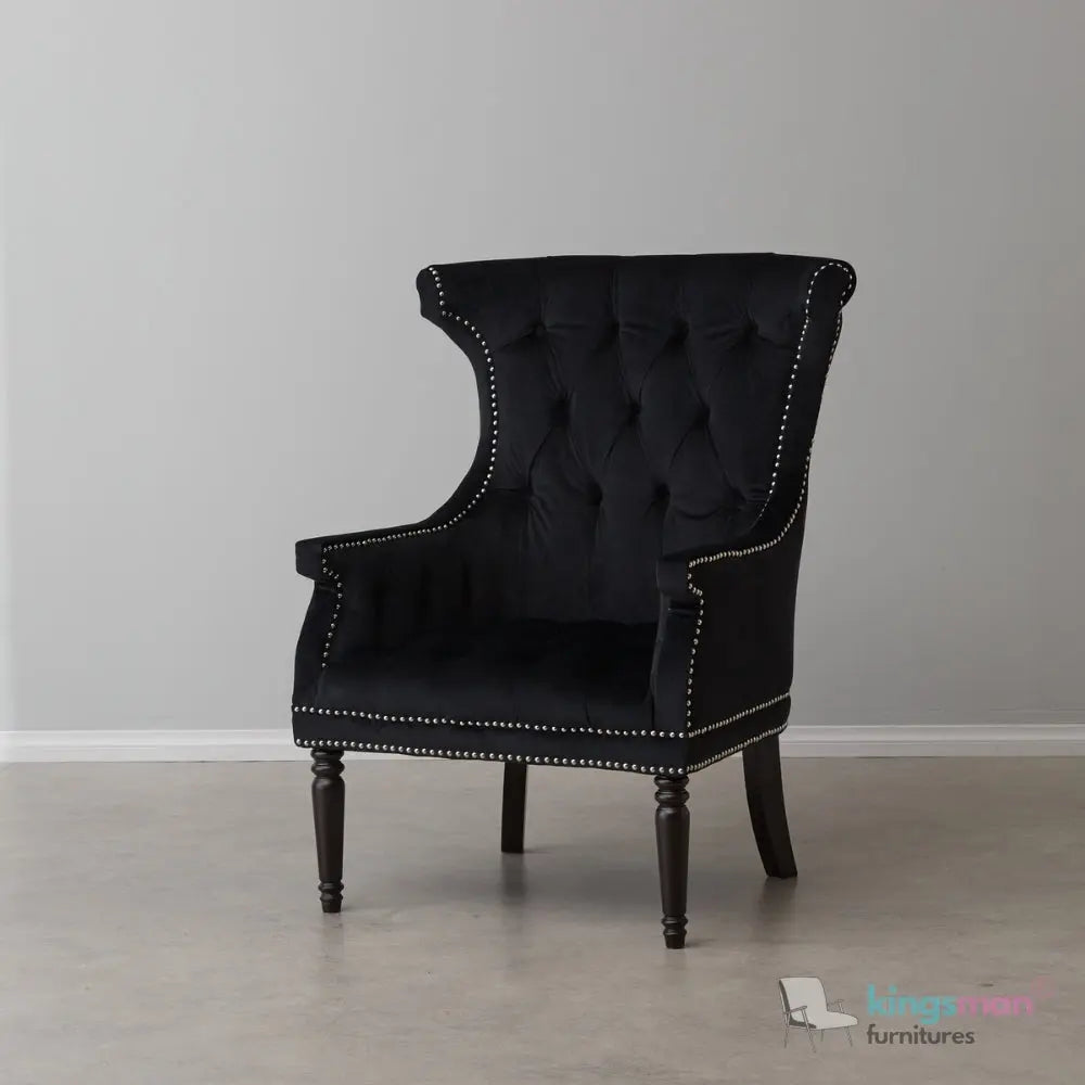 Drako Black Velvet Wingback Armchair – Modern Luxury with Deep Button Tufting and Teak Wood Legs Kingsman Furnitures