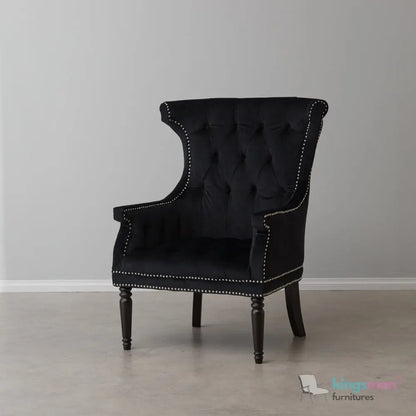 Drako Black Velvet Wingback Armchair – Modern Luxury with Deep Button Tufting and Teak Wood Legs Kingsman Furnitures