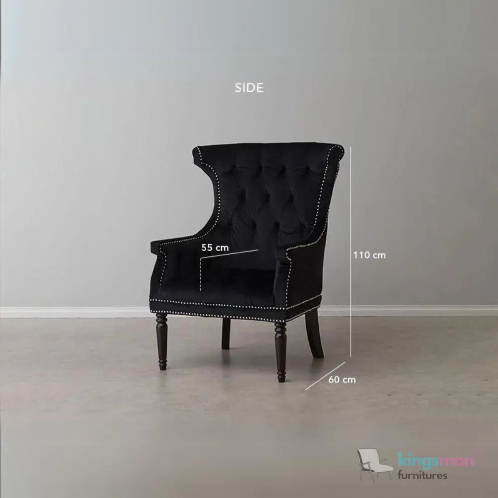 Drako Black Velvet Wingback Armchair – Modern Luxury with Deep Button Tufting and Teak Wood Legs Kingsman Furnitures