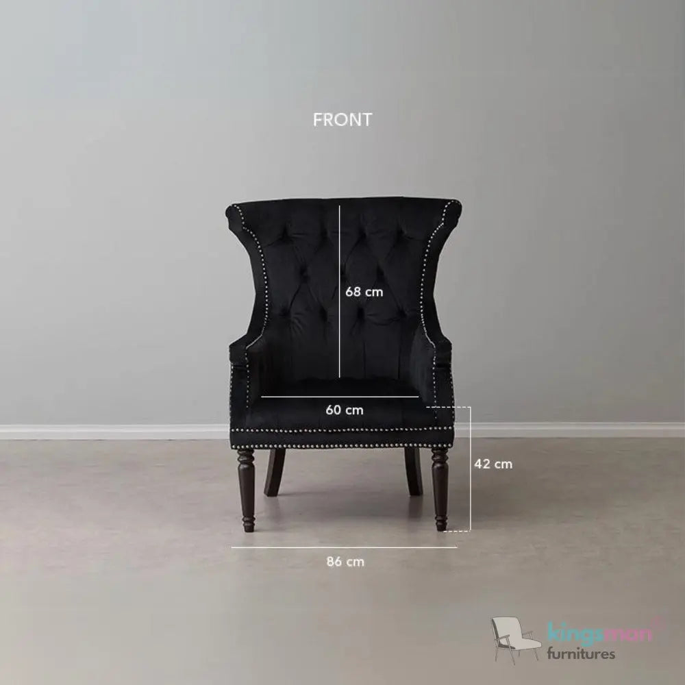 Drako Black Velvet Wingback Armchair – Modern Luxury with Deep Button Tufting and Teak Wood Legs Kingsman Furnitures