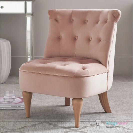 Elisa Petite Accent Chair - Buttoned Design in Blush Pink with Teak Wood Legs Kingsman Furnitures