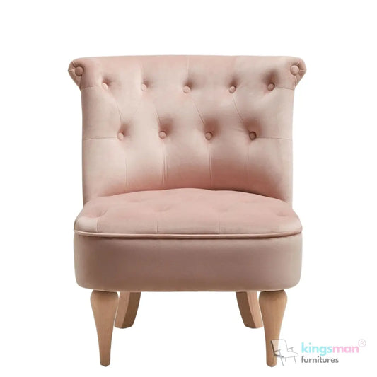 Elisa Petite Accent Chair - Buttoned Design in Blush Pink with Teak Wood Legs Kingsman Furnitures