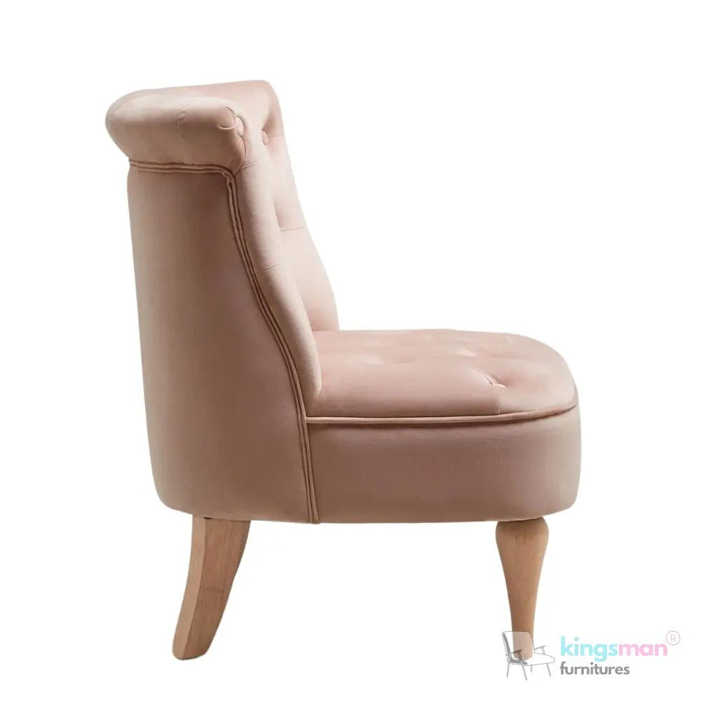 Elisa Petite Accent Chair - Buttoned Design in Blush Pink with Teak Wood Legs Kingsman Furnitures