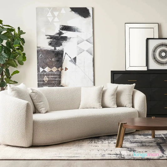 Everbe 3 Seater Sofa - Boucle & Velvet, Mid-Century Luxe, High-Resilience Foam, Meranti Wood Frame Kingsman Furnitures