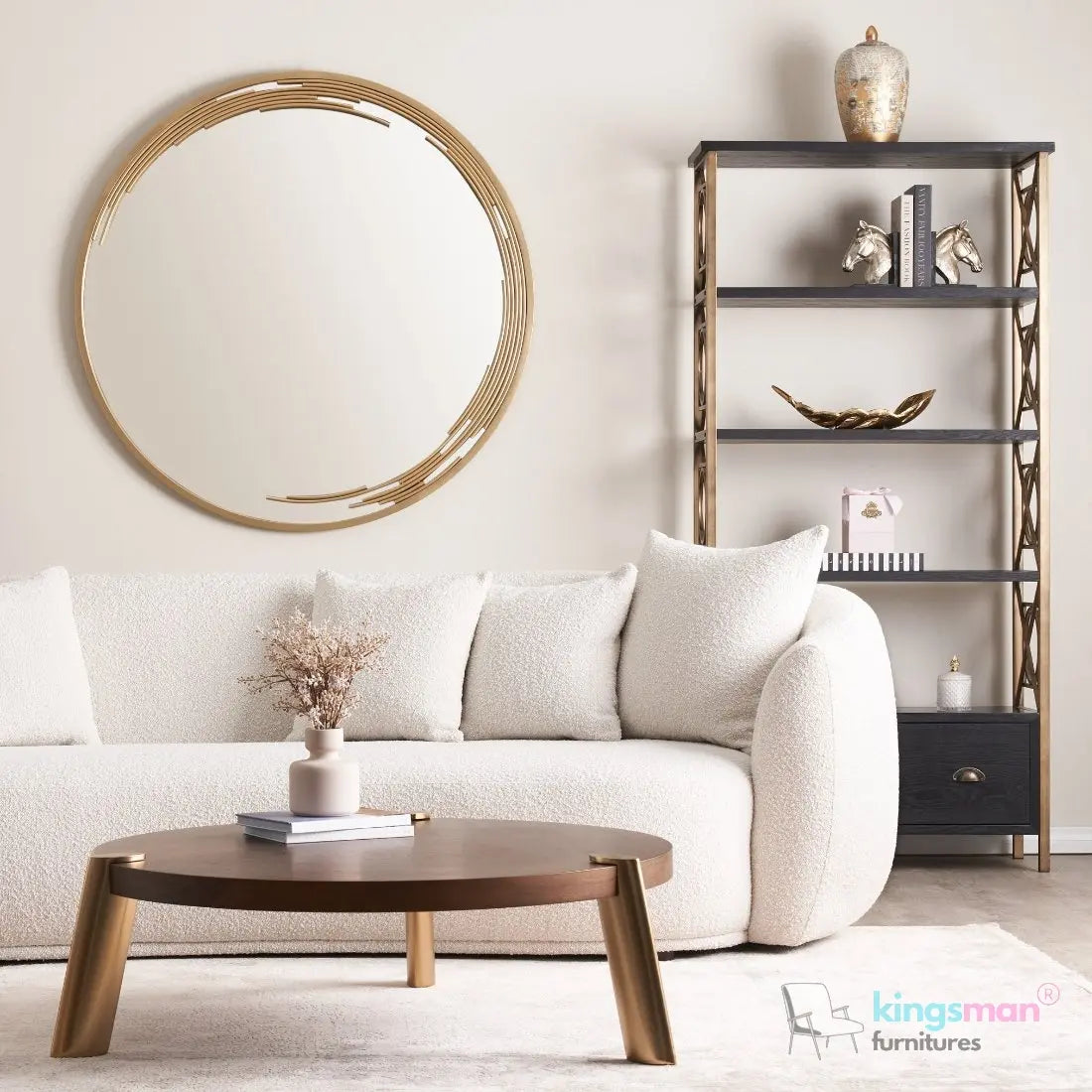 Everbe 3 Seater Sofa - Boucle & Velvet, Mid-Century Luxe, High-Resilience Foam, Meranti Wood Frame Kingsman Furnitures