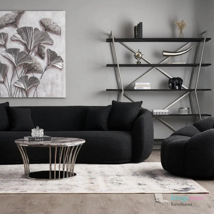 Everbe 3 Seater Sofa - Boucle & Velvet, Mid-Century Luxe, High-Resilience Foam, Meranti Wood Frame Kingsman Furnitures