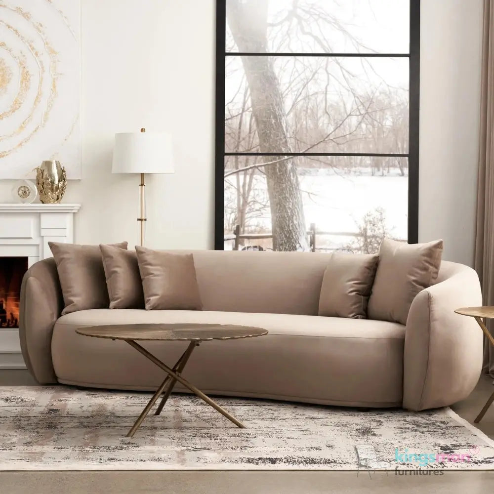 Everbe 3 Seater Sofa - Boucle & Velvet, Mid-Century Luxe, High-Resilience Foam, Meranti Wood Frame Kingsman Furnitures