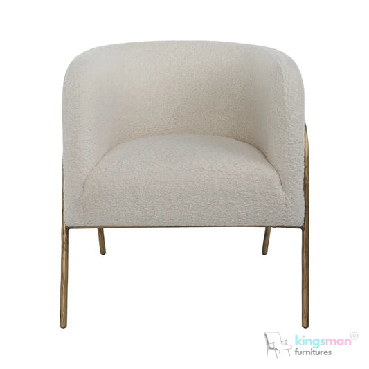 Jacob Scandinavian Barrel Back Chair - Faux Shearling with Aged Gold Chiselled Iron Frame Kingsman Furnitures