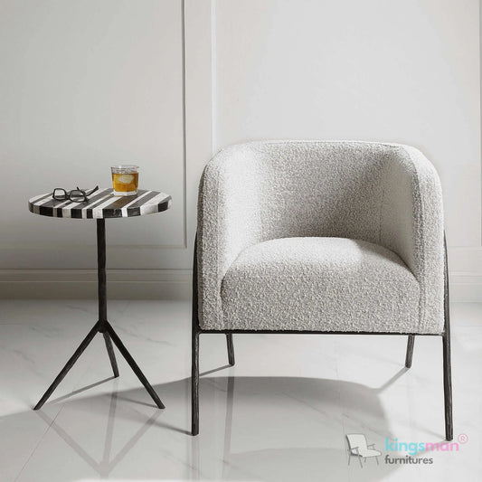 Jacob Scandinavian Barrel Back Chair - Faux Shearling with Aged Gold Chiselled Iron Frame Kingsman Furnitures