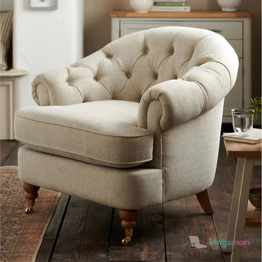 Jesper Armchair - Classic Buttoned Backrest with Teak Wood Castor Legs Kingsman Furnitures