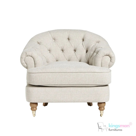 Jesper Armchair - Classic Buttoned Backrest with Teak Wood Castor Legs Kingsman Furnitures