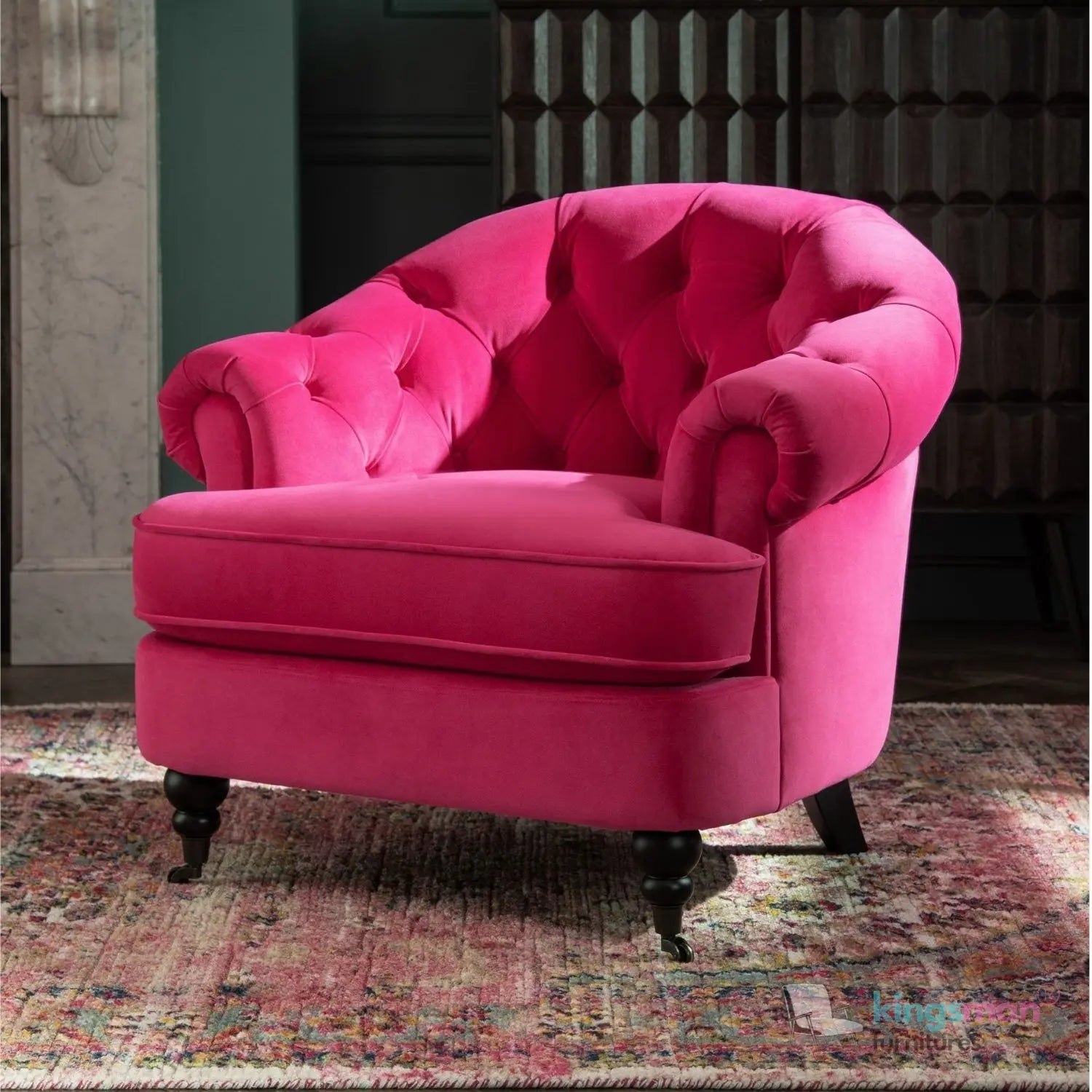 Jesper Armchair - Classic Buttoned Backrest with Teak Wood Castor Legs Kingsman Furnitures