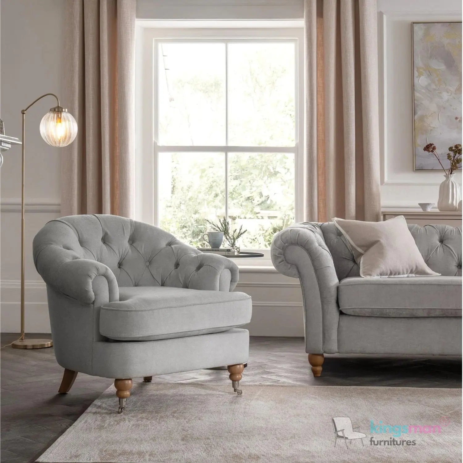 Jesper Armchair - Classic Buttoned Backrest with Teak Wood Castor Legs Kingsman Furnitures