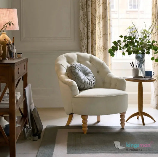 Loriel Ashley Chair - Velvet Loriel Accent Chair - Classic Buttoned Back Chair with Teak Wood Legs | Elegant Upholstered Living Room Furniture Kingsman Furnitures