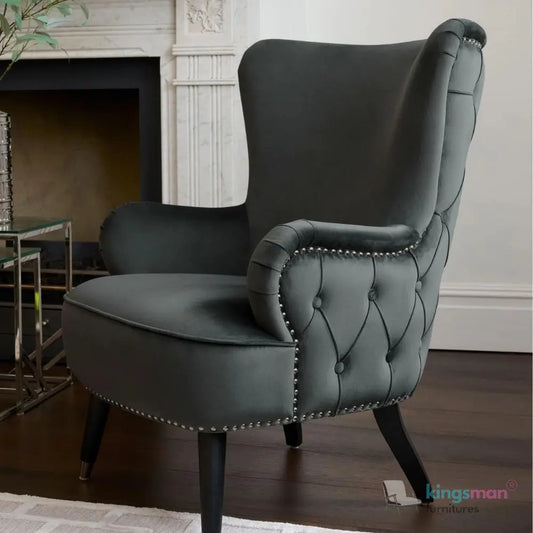 Pearl Tufted Wing Armchair - Dark Grey Velvet with Chrome-Tipped Teak Wood Legs Kingsman Furnitures