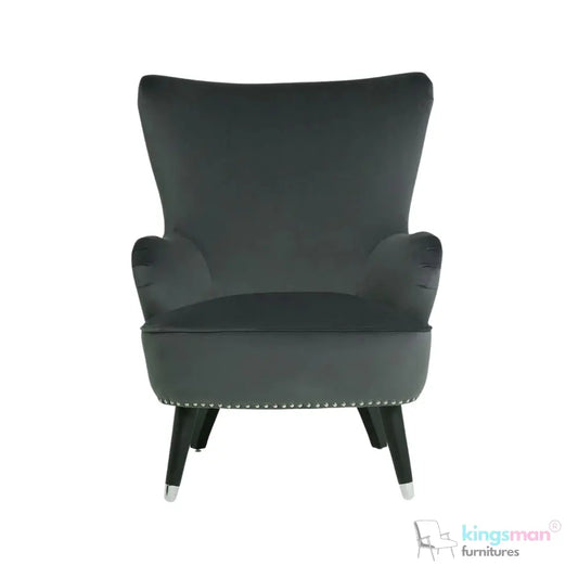 Pearl Tufted Wing Armchair - Dark Grey Velvet with Chrome-Tipped Teak Wood Legs Kingsman Furnitures