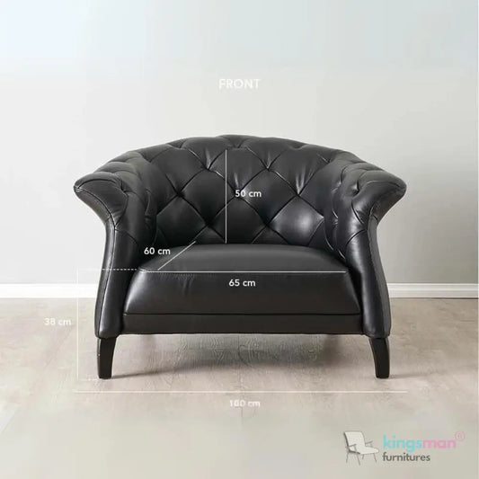 Regal Black PU Leather Single Seater – Contemporary Chesterfield Design with Teak Wood Legs Kingsman Furnitures