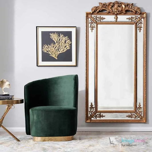 Reina Emerald Green Velvet Armchair – Contemporary Design with Golden Base and Plush Comfort Kingsman Furnitures