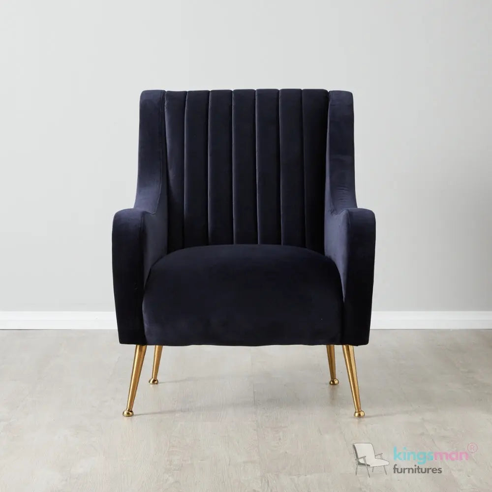 Roosevelt Navy Blue Velvet Armchair – Contemporary Chesterfield Design with Golden Legs Kingsman Furnitures