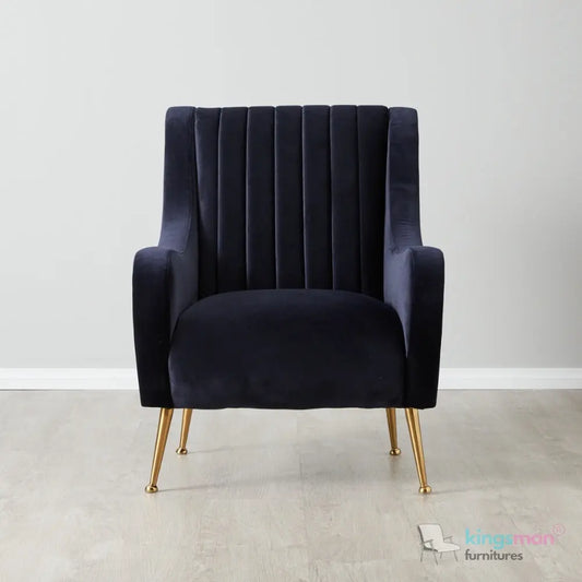 Roosevelt Navy Blue Velvet Armchair – Contemporary Chesterfield Design with Golden Legs Kingsman Furnitures