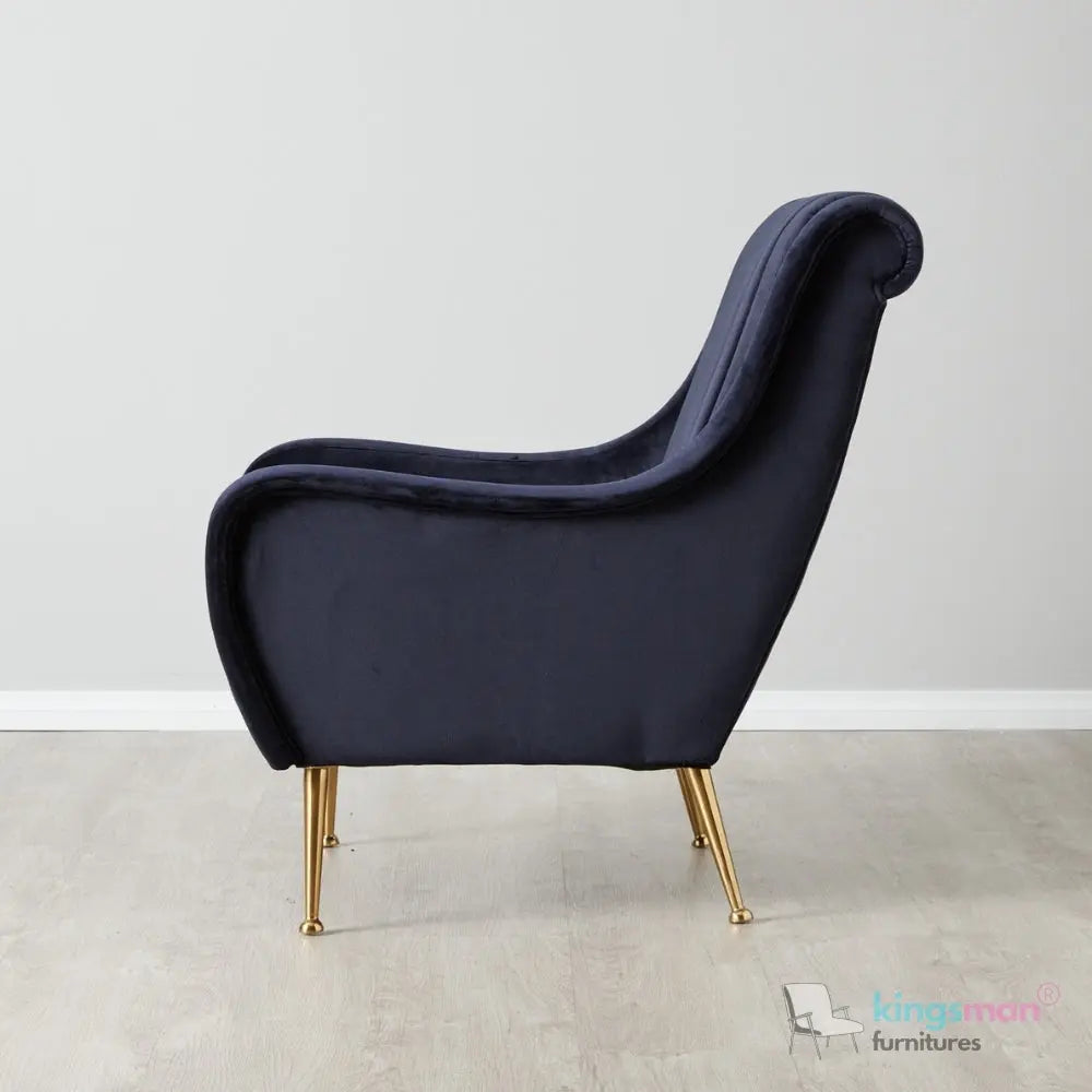 Roosevelt Navy Blue Velvet Armchair – Contemporary Chesterfield Design with Golden Legs Kingsman Furnitures