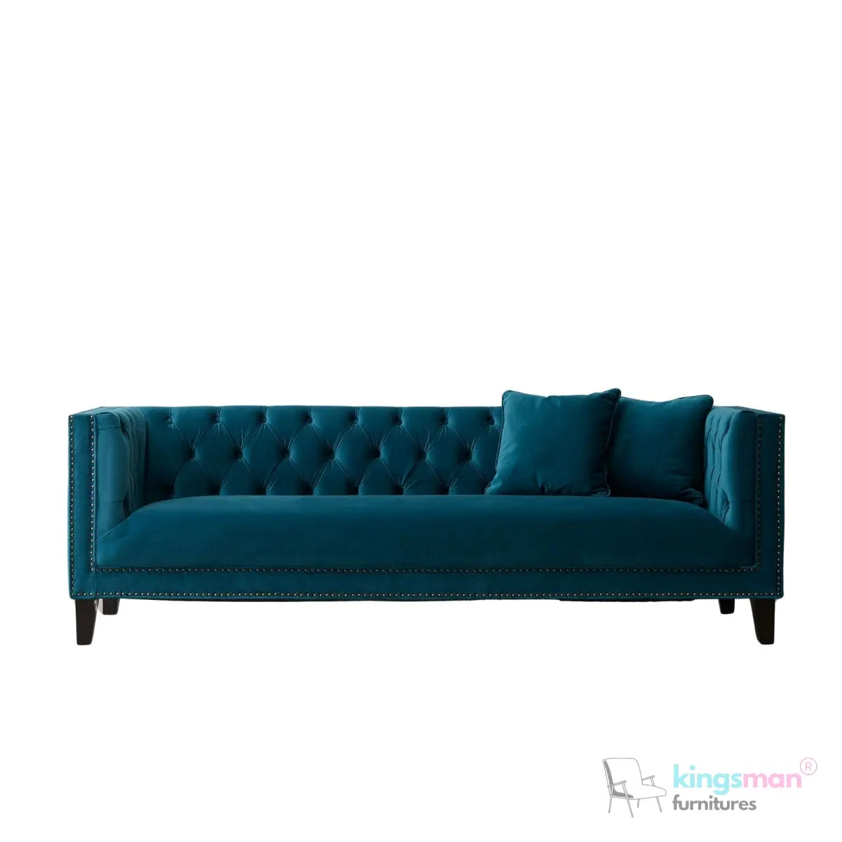 Vogue 3-Seater Sofa - Peacock Blue Velvet with Diamond Tufted Backrest Kingsman Furnitures
