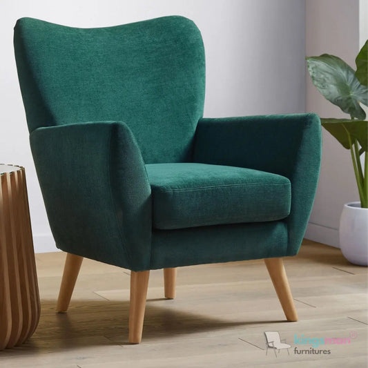 "Wills Winged Accent Chair - High Backrest with Teak Wood Legs and Multiple Fabric Options Kingsman Furnitures