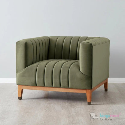 Asfor Velvet Armchair – Modern Channel - Stitched Design with Teak Legs and Brass Caps - Kingsman Furnitures