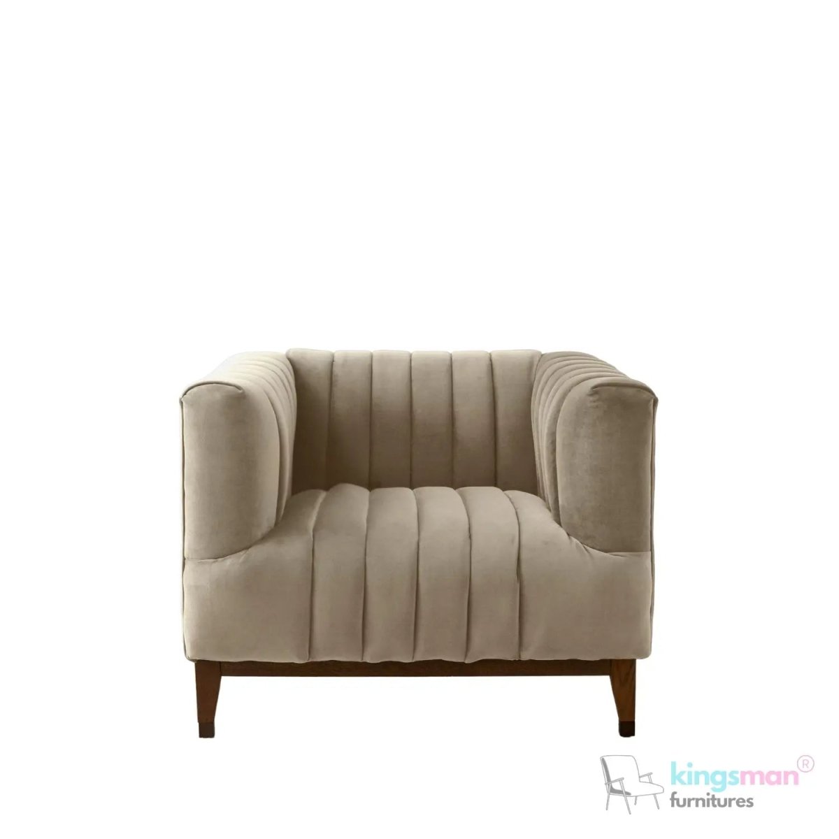 Asfor Velvet Armchair – Modern Channel - Stitched Design with Teak Legs and Brass Caps - Kingsman Furnitures
