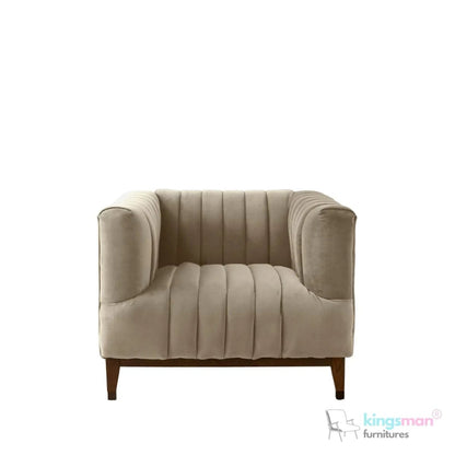 Asfor Velvet Armchair – Modern Channel - Stitched Design with Teak Legs and Brass Caps - Kingsman Furnitures
