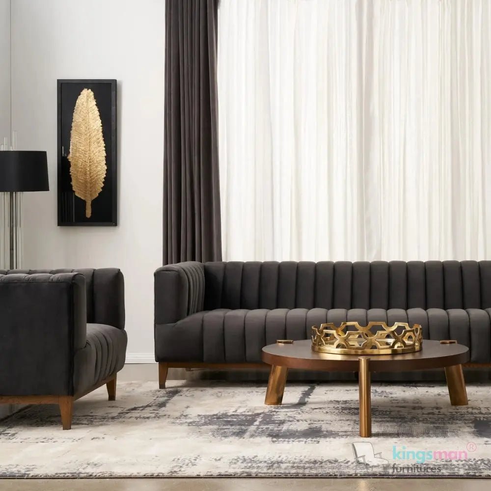 Asfor Velvet Armchair – Modern Channel - Stitched Design with Teak Legs and Brass Caps - Kingsman Furnitures