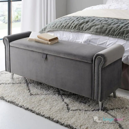 Dev Storage Ottoman - Upholstered Ottoman with Scrolled Arms, Mirrored Feet, and Deep Storage | Bedroom or Living Room Furniture - Kingsman Furnitures