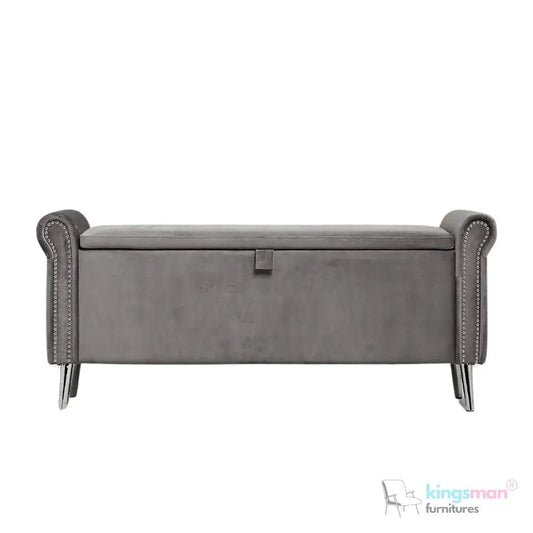 Dev Storage Ottoman - Upholstered Ottoman with Scrolled Arms, Mirrored Feet, and Deep Storage | Bedroom or Living Room Furniture - Kingsman Furnitures