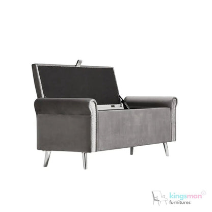 Dev Storage Ottoman - Upholstered Ottoman with Scrolled Arms, Mirrored Feet, and Deep Storage | Bedroom or Living Room Furniture - Kingsman Furnitures