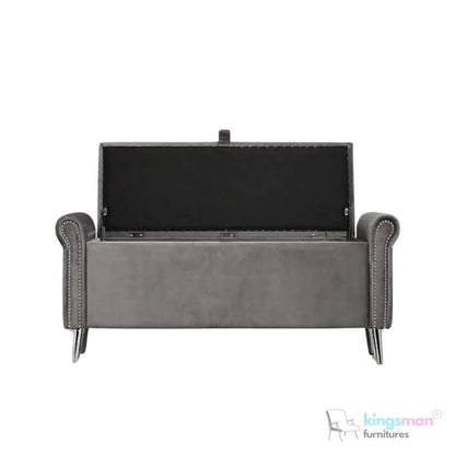Dev Storage Ottoman - Upholstered Ottoman with Scrolled Arms, Mirrored Feet, and Deep Storage | Bedroom or Living Room Furniture - Kingsman Furnitures