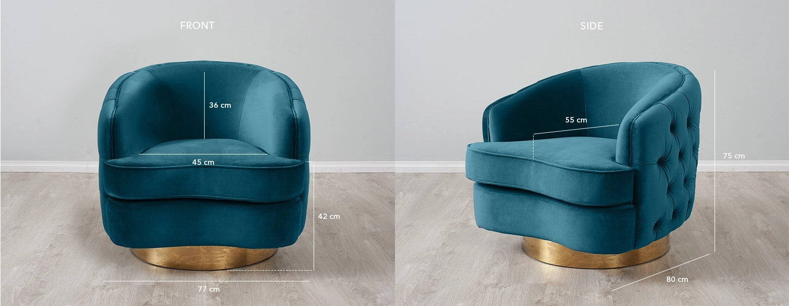 Teal armchair with gold base shown from front and side views, with measurements indicated.