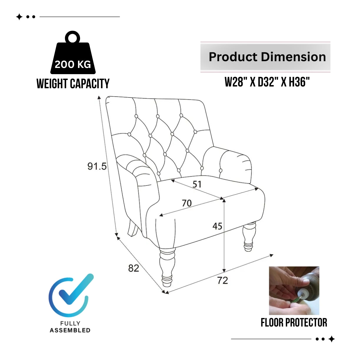 Chair dimensions and features with weight capacity and floor protector information.