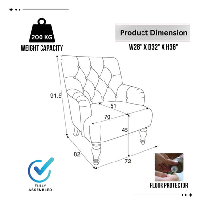 Chair dimensions and features with weight capacity and floor protector information.