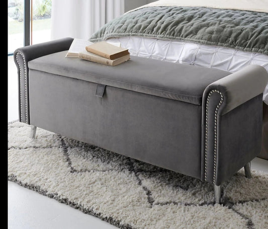 Dev Storage Ottoman Bench - Velvet Steel Grey with Studs