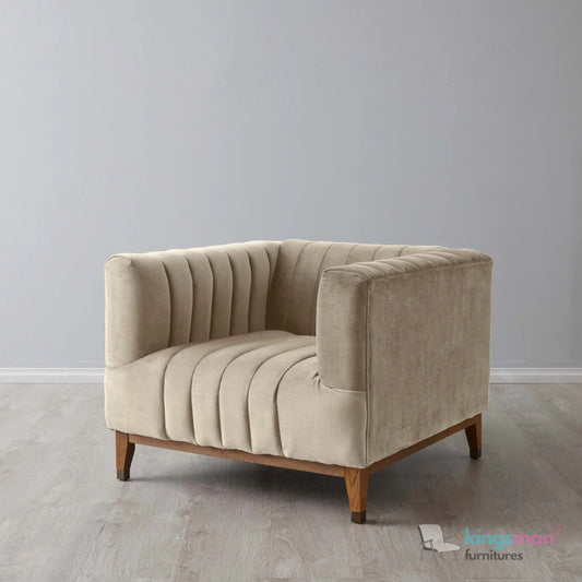 Asfor Velvet Armchair – Modern Channel-Stitched Design with Teak Legs and Brass Caps Kingsman Furnitures